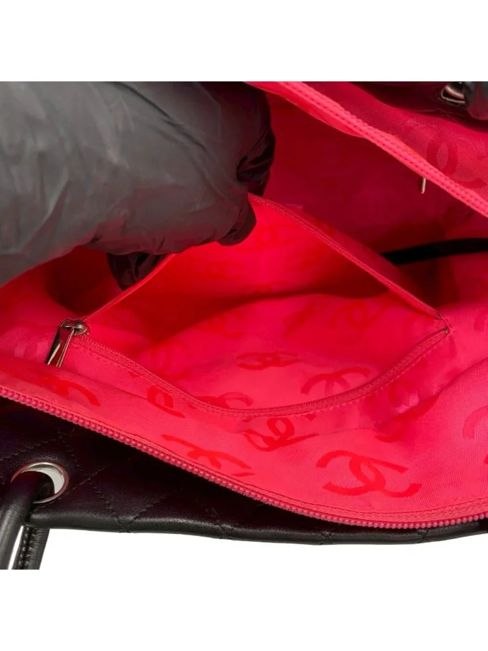 Chanel With Card Cambon Line CC Logo Leather Tote Black